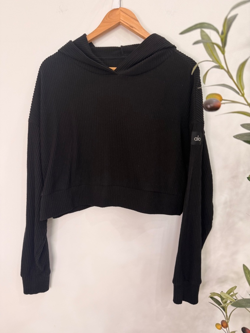 Alo Yoga Black Muse Ribbed Cropped Hoodie Women's Medium - Picture 3 of 7
